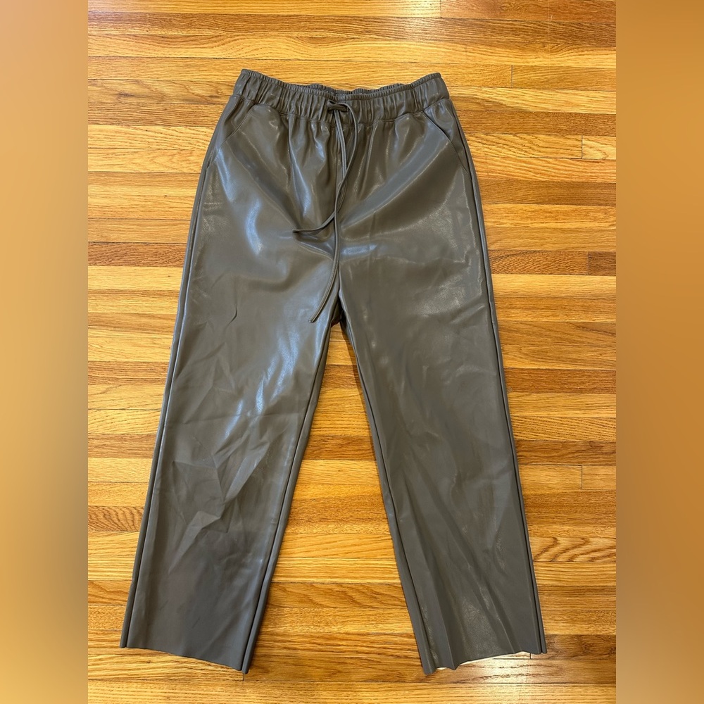BURU brown Cropped Faux Leather Pants with Elastic Waistband
